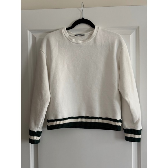 Zara Tops - ZARA White Crewneck Sweatshirt Green Stripe Cuffs Size S